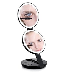 1X 10X Vanity Mirror Trifold Travel Lighted Makeup Mirror Illuminated With 16 LED Lights Standing Double Foldable Mirror For Eye Makeup 10X Magnifying Compact For Women-black