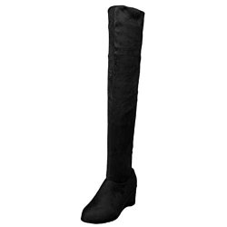 Happylove Women's Knee-high Boots Soft Stretch Faux Suede Wedge Knee High Boots Black