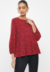 BLAKE Tiered 3 4 Sleeve Top With Ties And Back Detail- Red & White