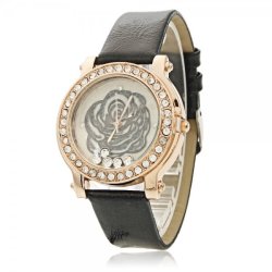 Stylish Rose Flower Design Alloy & Rhinestone Case Women Watch With Pu Leather Watchband Black