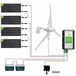 ECO-WORTHY 1200 Watts Solar Wind Turbine Generator Kit: 400 Watt Wind Turbine+ 4PCS 195W Mono Solar Panels+ 1PC Solar Wind Hybrid Controller+ 2PCS 100AH Battery