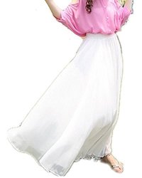 Mullsan Women Retro Vintage Double Layer Chiffon Pleat Maxi Long Skirt Dress White One Size