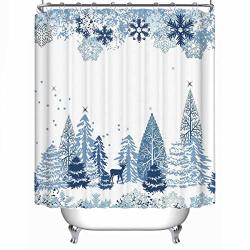 Aluoni Winter Fabric Shower Curtain Winter Scene With Deer Frozen Trees And Snow Christmas Season Pine Trees Bushes Decorative 71"L X 71"W