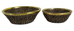 Metal Fencing Decorative Round Deep Flat Fruit Bowl Wooden Cane Bowls Set Of 2 Pcs PWN-CB36A