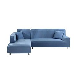 Lucylili Spandex Stretch Covers For L Shaped Sofa Corner Sofa Covers Living Room Sectional Longue Couch Sofa Elastic Slipcovers 2PCS SET -l-grey BLUE-2SEATER And 2