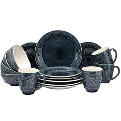 Elama Petra Decorated Round Stoneware Deep Embossed Dinnerware Dish Set 16 Piece Dark Navy Blue