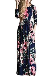 Long Dscao Sleeve Casual Vintage Floral Boho Maxi Dresses For Women Floor Length Retro Ladies Dresses S-3XL XL Blue