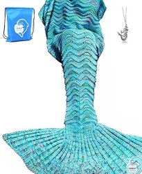 Laghcat Mermaid Tail Blanket Knit Crochet Mermaid Blanket For Adult Oversized Sleeping Blanket Wave Pattern 75"X35.5" Light Blue