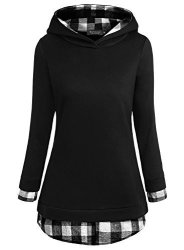 Ea Selection Women's Faux Twinset Casual Pullover Check Contrast Fleece Hoodie M Black