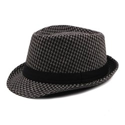 Classic Houndstooth Black Band Wool Trilby Cap Soft Wool Blend Hat Winter - Black + Grey