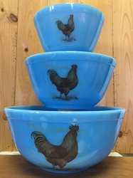 Mixing Nesting Bowls Set Of 3 - American Made - Mosser Usa - Robin Egg Blue Glass W Chickens New Hampshire Red Roosters