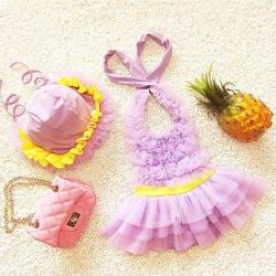 Baby Girl Princess Lace Bowknot Bikini Set Siamese Dress Cute Swimsuit With Hat Size: M Purple