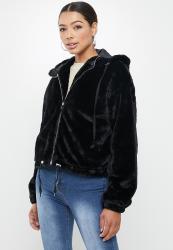 Missguided Faux Fur Hooded Bomber Jacket - Black