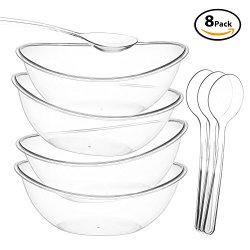 Set Of 4 Oval Plastic Serving Bowls Party Snack Or Salad Disposable Bowl 80-OUNCE With 4 10-INCH Clear Plastic Serving Spoons Utensils.