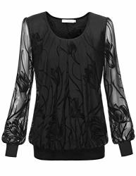 Baishenggt Women's Long Sleeve Pleated Front Mesh Blouse Large Black FLORAL-1