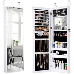 LANGRIA Jewelry Mirror ARMOIRE-10 Leds Wall Door Mounted Full Screen Mirror Cabinet Organizer With Spacious Storage Mirror Size 13.5 In W X 46 In H White
