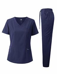 Dagacci Medical Uniform Women's Scrub Set 4-WAY Stretch Y-neck Stitch Tape Top And Pants Navy Blue Small