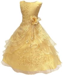 Little Girls Embroidered Beaded Flower Girl Birthday Party Dress With Petticoat Golden 4T-5T
