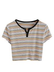 Didk Women's Contrast Neck Rib Knit Striped Crop Tee Top Multicolor XS