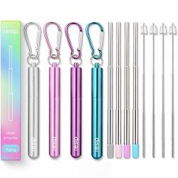 Flyby Portable Reusable Drinking Straws Collapsible & Foldable Telescopic Stainless Steel Metal Straw Dispenser Final Aluminum Case Long Cleaning Brush Silicone Tip Variety Pack 4-PACK