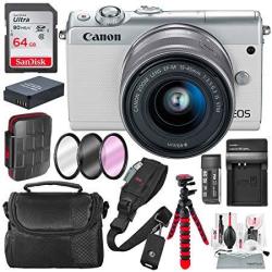 Canon Eos M100 Mirrorless Camera W 15-45MM Lens & Wifi White + 64GB + Battery & Charger Replacement + Flex Tripod + Deluxe Bundle