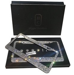 2 Pack Luxury Handcrafted Bling White Rhinestone Premium Stainless Steel License Plate Frame With Gift Box 1000+ Pcs Finest 14 Facets SS20 Clear