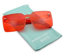 Colorful Bold Oversize One Piece Mono Block Full Shield Rimless Color Sunglasses Red Transparent