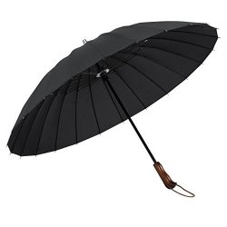 Plemo Windproof Stick Umbrella Wood Handle Waterproof Cloth With 24 Ribs Durable For Optimal Resistance To Wind And Rain Classic Black
