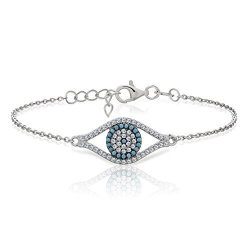 Sterling Silver Simulated Turquoise And Cubic Zirconia Evil Eye Bracelet