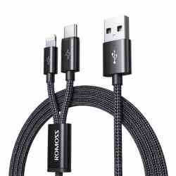Romoss USB A To Lightning & Type C 1.5M Cable Space Grey Nylon Braided Cable