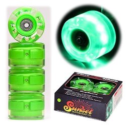 Sunset Skateboard Co. Green 65MM 78A Round LED Light-up Longboard Wheels 4-PACK With ABEC-9 Carbon Steel Bearings For Glow-in-the-dark All Ages & Skill Levels