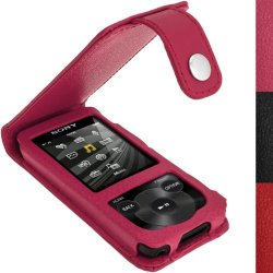 Igadgitz Pink Leather Case For Sony Walkman NWZ-E585 With Detachable Carabiner + Screen Protector