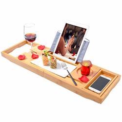 Bamboo Bathtub Trays Bath Table Expandable Luxury Caddy Tray With Extending Sides Cellphone Book Tray And Wineglass Holder- Gift Idea For Loved Ones