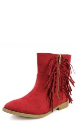 Qupid VANCE-08 Fringe Cowboy Ankle Boots Red