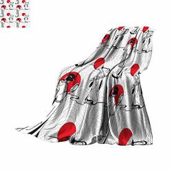 Homehot Asian Soft Blanket Microfiber Japanese Geisha Girl With Traditional Kimono Folk Culture Style Modern Artful Image Queen Size Blanket Red Black Throw Blanket 90"X70
