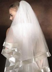 2 Tier Ivory Wedding Bridal Veil With Comb - Wide Satin Ribbon Border edging
