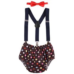 BABY Boys Cake Smash Outfit First Birthday Bloomers Bowtie Adjustable Y Back Suspenders Clothes Set Brown Navy Polka Dots One Size