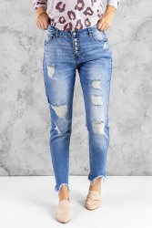 Sky Blue High Rise Button Front Frayed Ankle Skinny Jeans - SA44 UK20