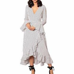 Hntdg Womens V Neck Dot Print Long Sleeve Ruffled Flounce Irregular Asymmetrical Floral Maxi Dress White