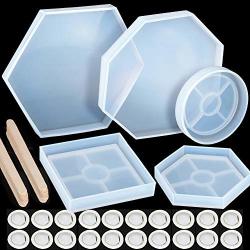 5 Pack Resin Moulds Leobro Geometric Coaster Epoxy Moulds With 20 Pcs Wood Craft Sticks And 20 Pcs Disposable Finger Cots Silicone Casting Moulds