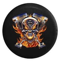 Pike Outdoors Flaming Pistons Racing Skull Iron Cross V Twin Motorcycle Flamesspare Tire Cover Fits Suv Camper Rv Accessories 32 In