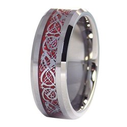 Black Tungsten Silver Tone Viking Dragon Celtic Knot Ring Red Carbon Fiber Wedding Band Size 9