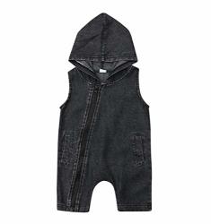 Binwwede Baby Boys Summer Romper Toddler Infants Hoodie Vest Denim Jumpsuit Sleeveless Zipper Bodysuit Black 12-24 M