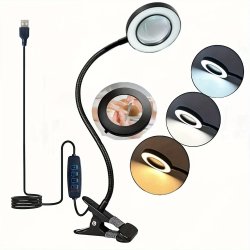 10X Magnifying Glass With LED Light: Clip-on Magnifier With USB Power 3 Modes Dimmable For Bed Work Crafts And Repair No Batteries Included