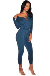 Blue Lace Up Front Long Sleeve Jumpsuit