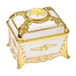 Splendid Yellow Day Lilly Trunk Shaped Floral Gold Tone Metal Music Box Plays Tune Ice Castle