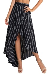 Diva Range Stripe Print Asymmetrical Wrapped Black Maxi Skirt