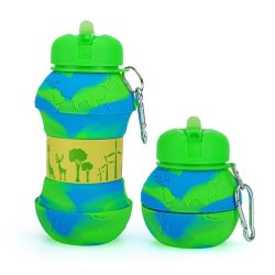 Kids Collapsible Silicone Water Bottle - Global Blue And Green