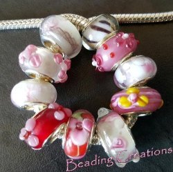 Special Clearance - European Style - Lampwork Beads - Pink And White Set Of 10 Beads