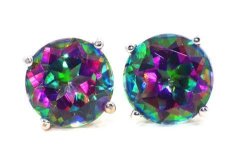 Natural Mystic Topaz Round Stud Earrings 14KT White Gold & Sterling Silver